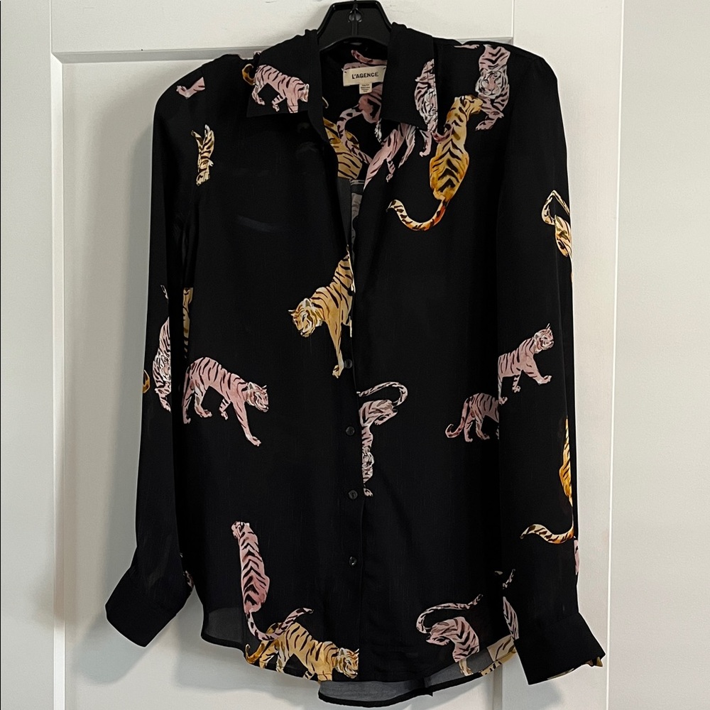 L'AGENCE Black Shirt with Tiger Pattern